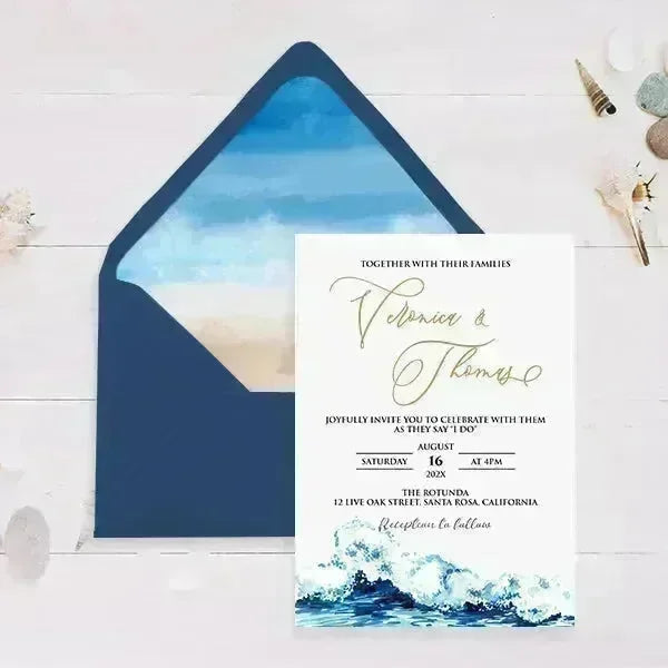 Minimal ocean blue beach wedding invitations RPS27 - Rosy Prints