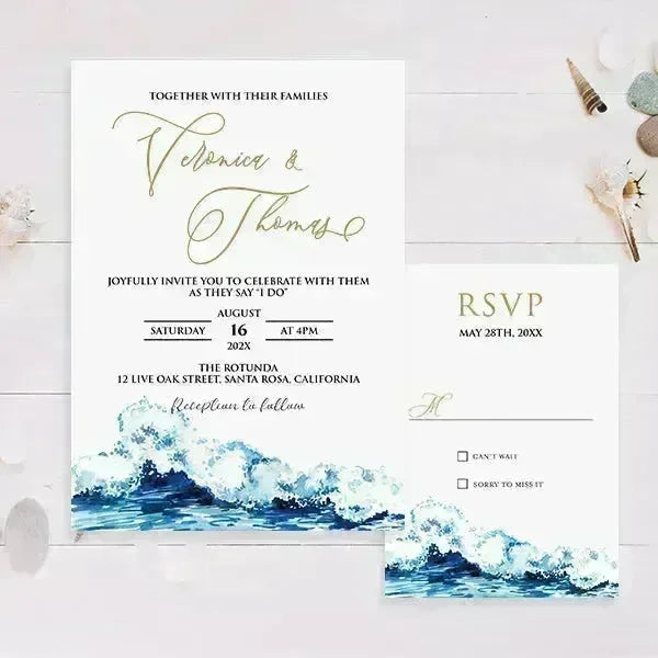 Minimal ocean blue beach wedding invitations RPS27 - Rosy Prints