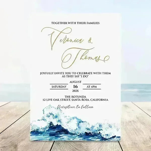 Minimal ocean blue beach wedding invitations RPS27 - Rosy Prints