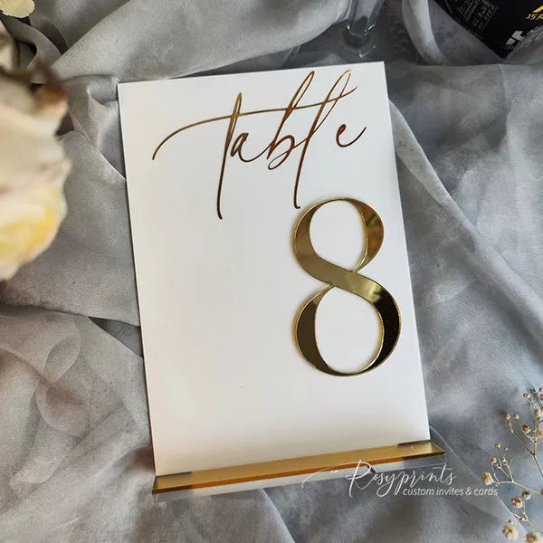 acrylic mirror gold wedding table numbers with base, 5sets - Rosy Prints