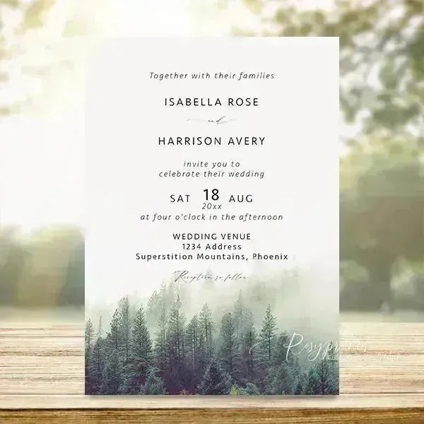 misty forest pine tree woodland wedding invitations RPS31 - Rosy Prints