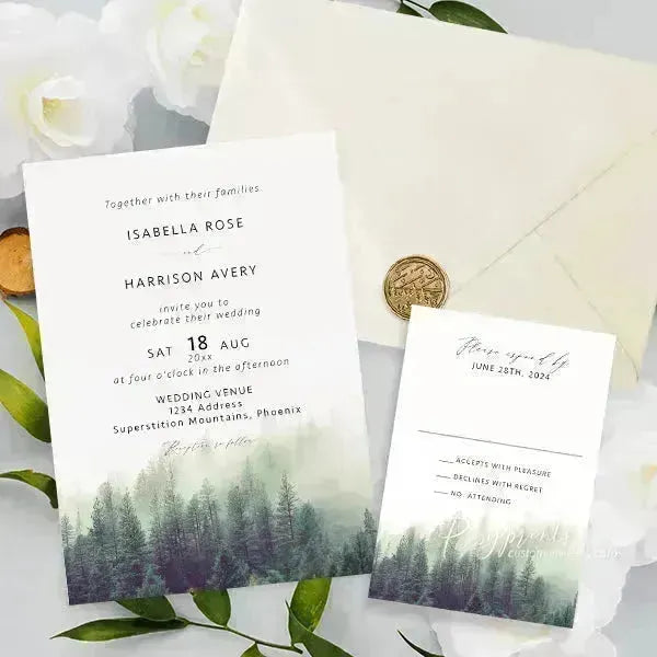 misty forest pine tree woodland wedding invitations RPS31 - Rosy Prints