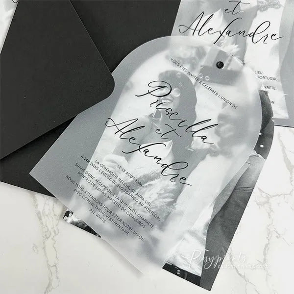 arch black and white save the dates with vellum overlay ROSYS08 - Rosy Prints