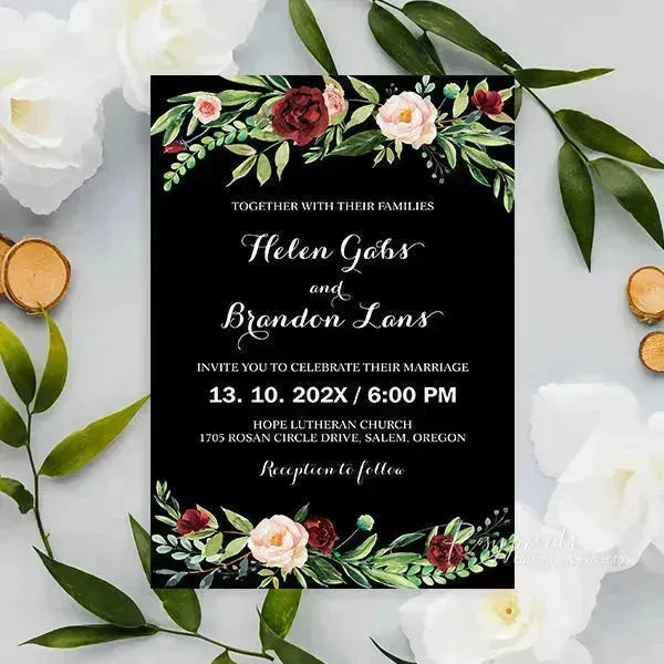 black and red botanical pocket wedding invitations RPFLAT05 - Rosy Prints