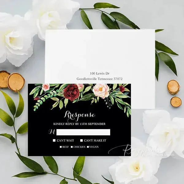 black and red botanical pocket wedding invitations RPFLAT05 - Rosy Prints