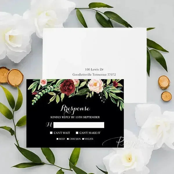 black and red botanical pocket wedding invitations RPFLAT05 - Rosy Prints