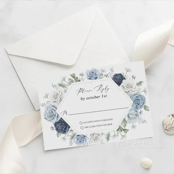 dusty blue and navy blue acrylic wedding invitations ROSYA78 - Rosy Prints