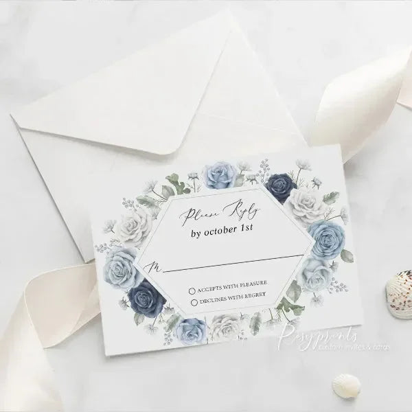 dusty blue and navy blue acrylic wedding invitations ROSYA78 - Rosy Prints