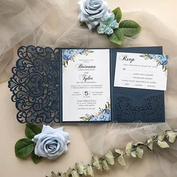 dusty blue navy blue floral pocket wedding invitations ROSYP21