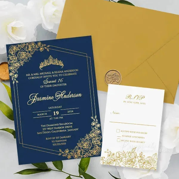 navy blue and gold foil quinceanera invitations ROSYF08 - Rosy Prints