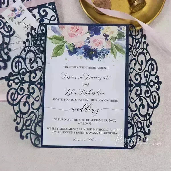 rustic navy blue and blush pink flowers wedding invitations ROSYG26 - Rosy Prints