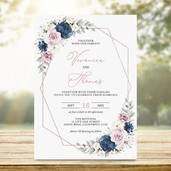 rustic dusty rose wedding invitations, navy blue invitations