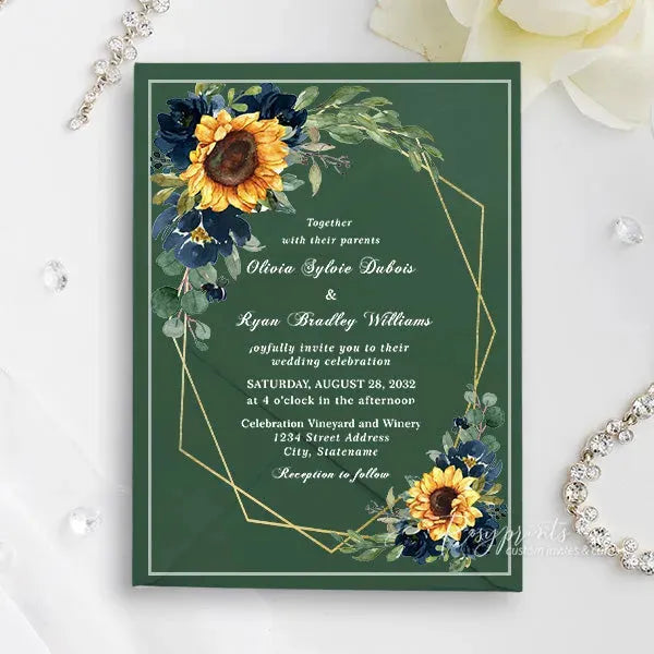 navy blue and sunflower acrylic wedding invitations ROSYA75 - Rosy Prints
