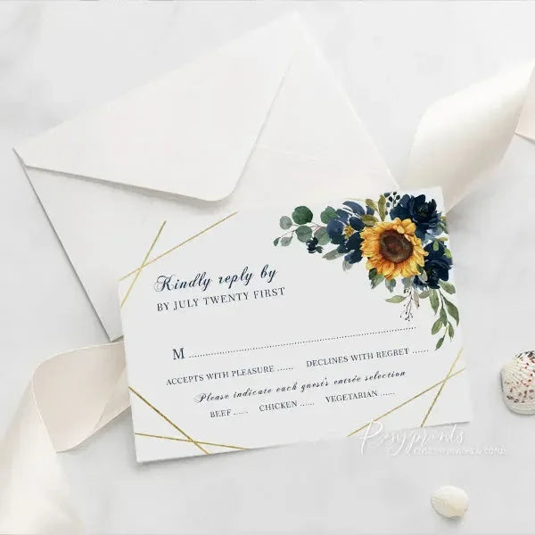 navy blue and sunflower acrylic wedding invitations ROSYA75 - Rosy Prints