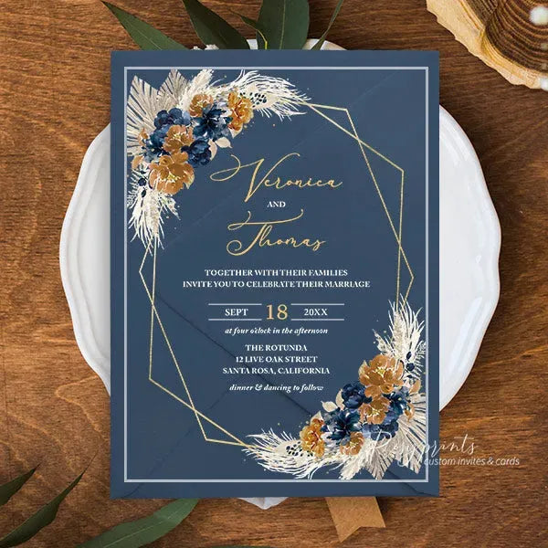 boho terracotta and navy blue acrylic wedding invitations ROSYA77 - Rosy Prints