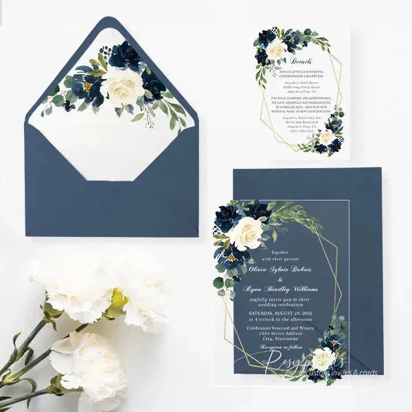 navy blue floral acrylic wedding invitations ROSYA19 - Rosy Prints