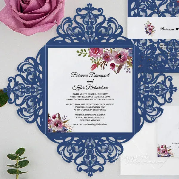 elegant navy blue and purple floral wedding invitations ROSYP24 - Rosy Prints