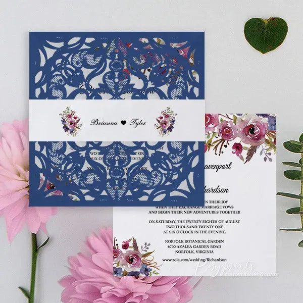 elegant navy blue and purple floral wedding invitations ROSYP24 - Rosy Prints