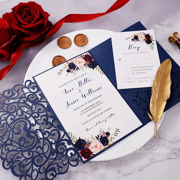 navy blue, burgundy and pink rustic flower wedding invitations ROSYP58 - Rosy Prints