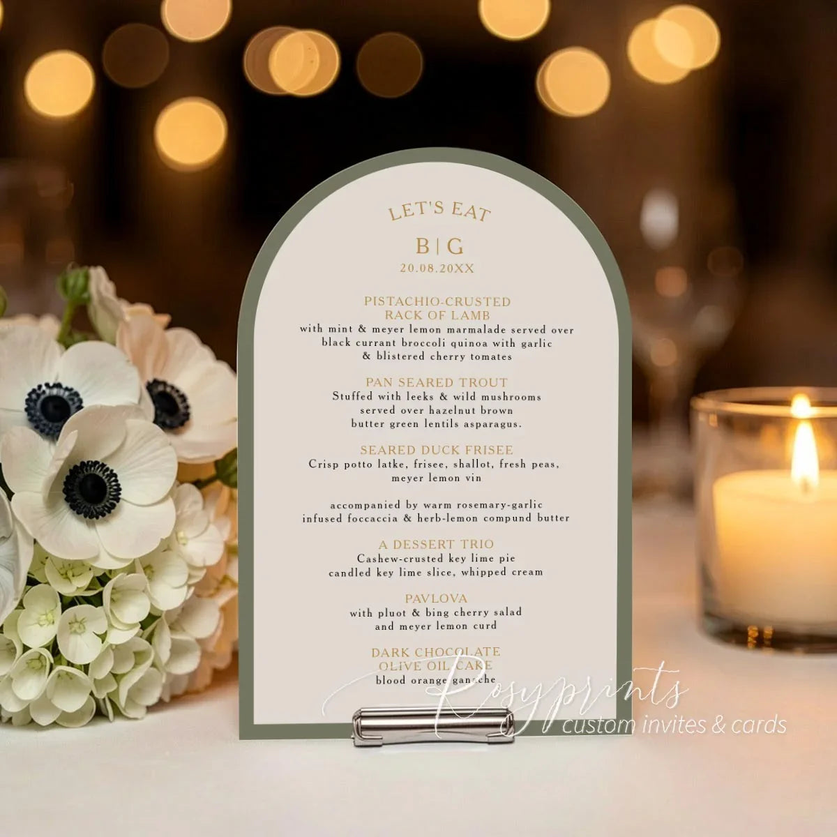 green and pink arched wedding menu cards with flower name tag