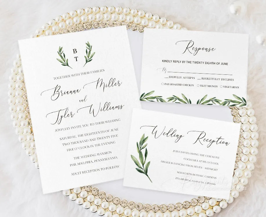 simple olive green branch wedding invitations with vellum jacket RPV16 - Rosy Prints