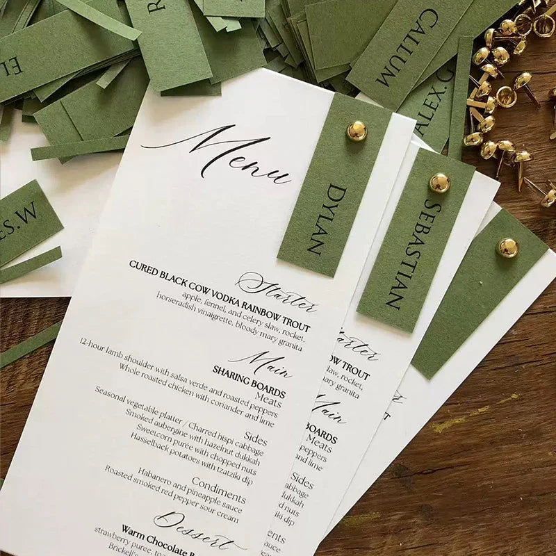 olive green wedding menu with guest name place card