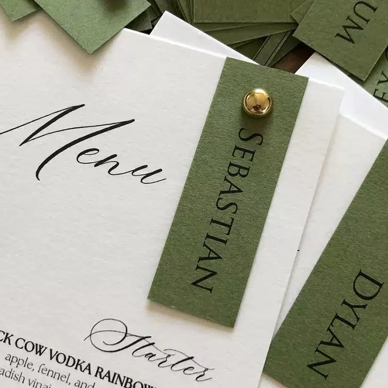 olive green wedding menu with guest name place card