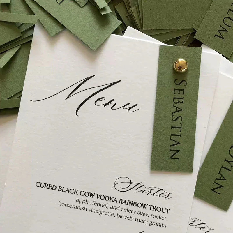 olive green wedding menu with guest name place card