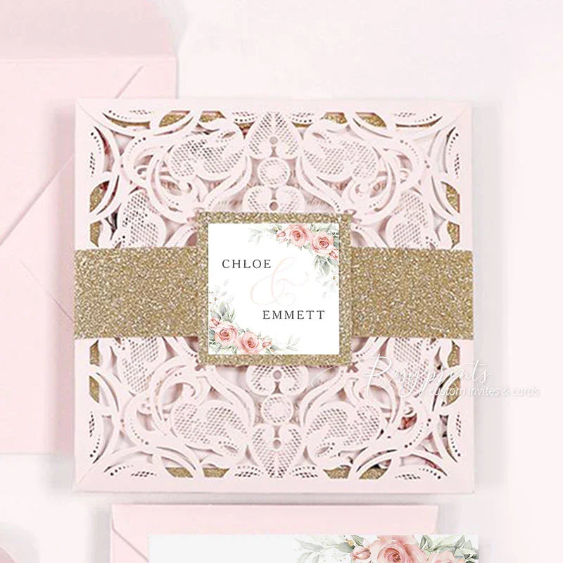 pastel rose pink rustic floral lace cut wedding invitations RPS41 - Rosy Prints