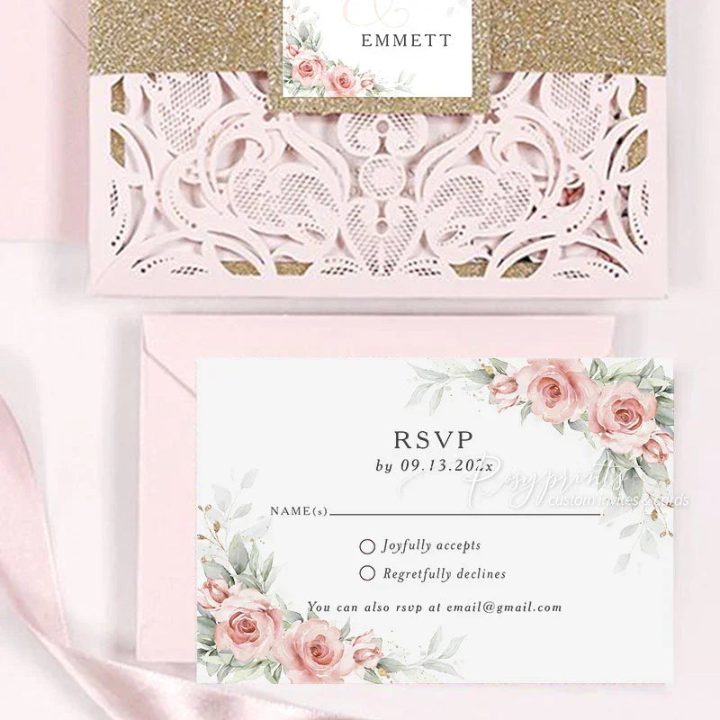pastel rose pink rustic floral lace cut wedding invitations RPS41 - Rosy Prints