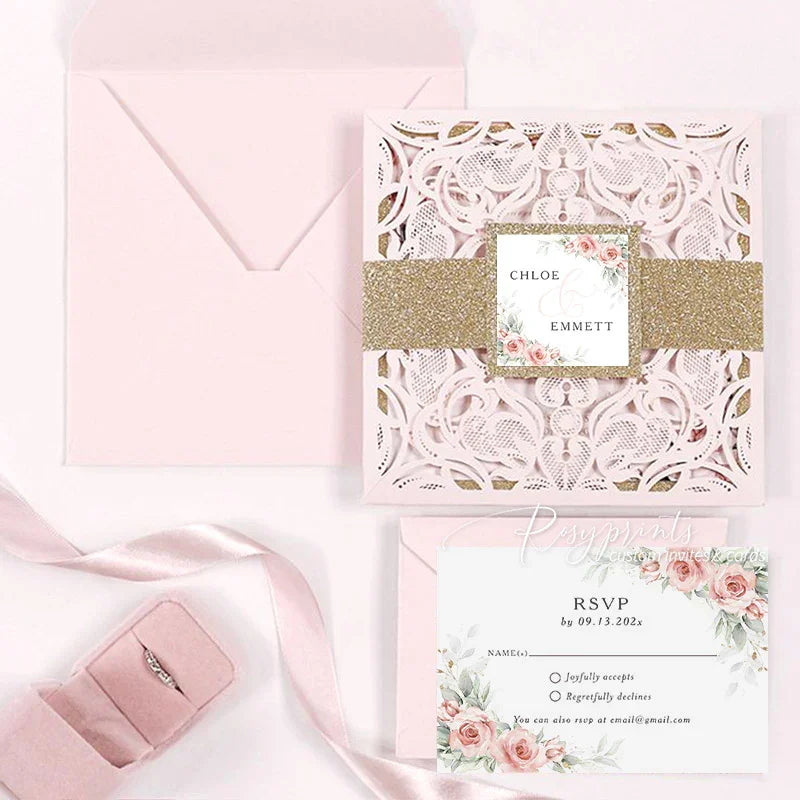 pastel rose pink rustic floral lace cut wedding invitations RPS41 - Rosy Prints