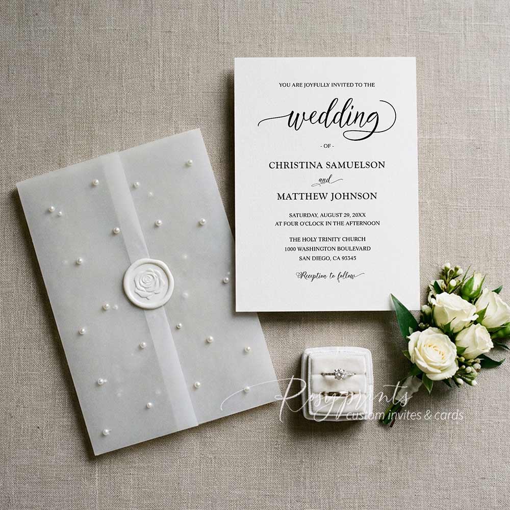 elegant pearls on vellum paper wedding invitations with wax seal