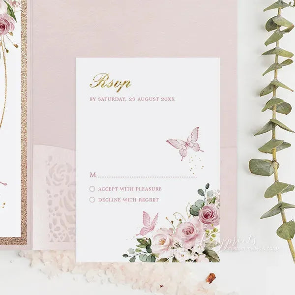pink rose gold butterfly quinceanera invitations ROSYP25 - Rosy Prints