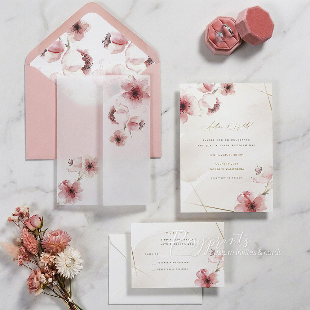 pink cheery blossom flower vellum paper wedding invitations RPV14