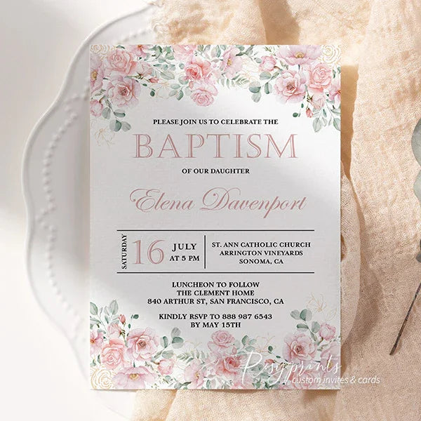budget elegant pink flower baptism christening invitations RPB12 - Rosy Prints
