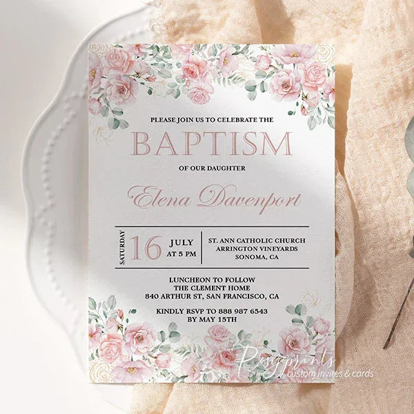 budget elegant pink flower baptism christening invitations RPB12 - Rosy Prints
