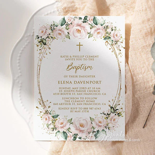 budget pink gold cross girl baptism christening invitations RPB15 - Rosy Prints