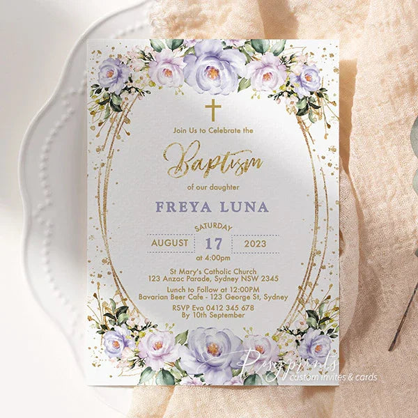 budget lilac purple gold cross baptism christening invitation RPB16 - Rosy Prints