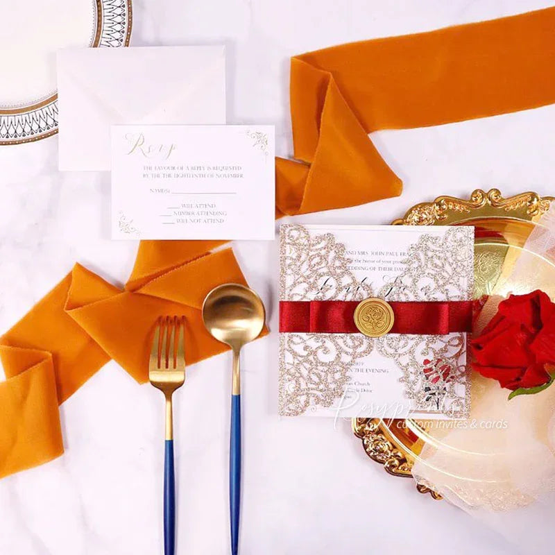 royal red and gold beauty and the beast wedding invitations ROSG39