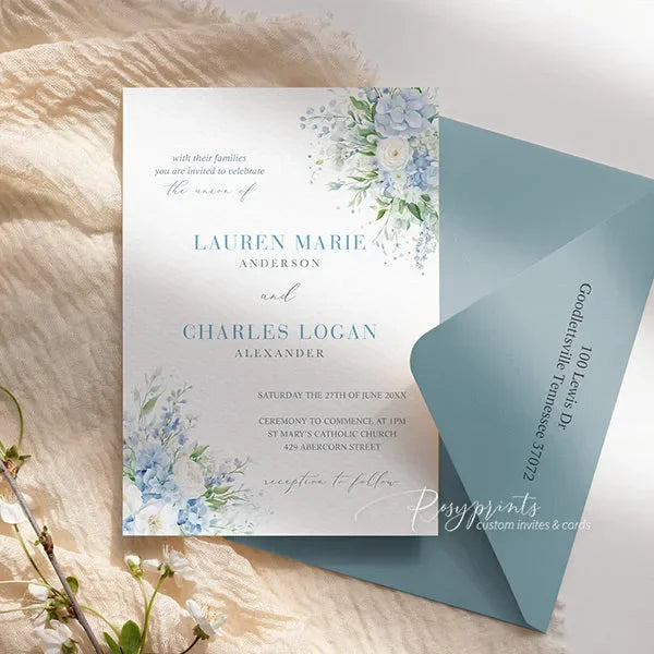 French blue white and green flower vellum wedding invitations RPV12 - Rosy Prints