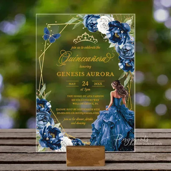 navy blue princess quinceanera acrylic invitations ROSYA37 - Rosy Prints