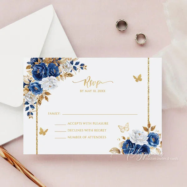 royal blue and gold acrylic quinceanera invitations rsvp card