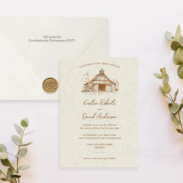 hand drawn country rustic barn wedding invitations