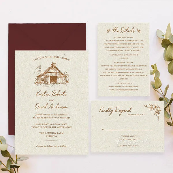hand drawn country rustic barn wedding invitations