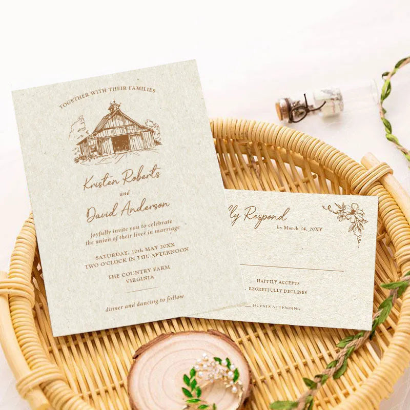hand drawn country rustic barn wedding invitations