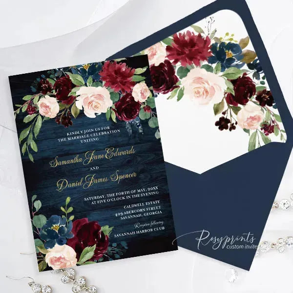 rustic navy blue and burgundy wedding invitations RPFLAT04 - Rosy Prints