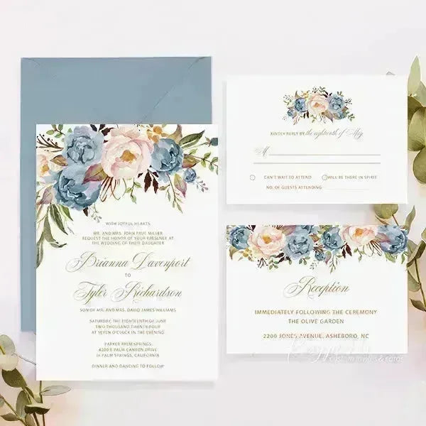 rustic dusty blue and blush pink pastel Wedding Invitations RPS38 - Rosy Prints