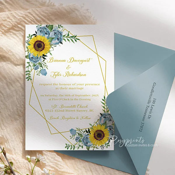 rustic light blue and yellow sunflower wedding invitations