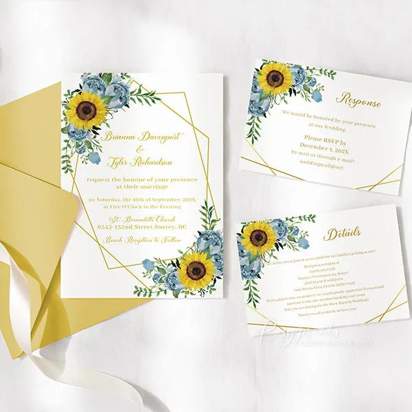 rustic light blue and yellow sunflower wedding invitations