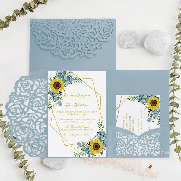 rustic light blue and yellow sunflower wedding invitations